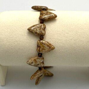 Heart Shaped Polished Stone Beaded Bracelet Brown Tan Neutral